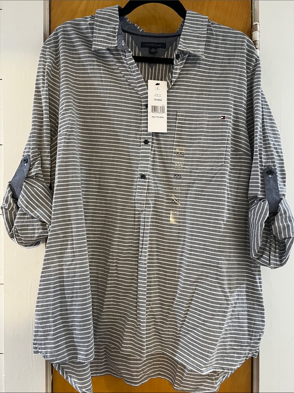 Tommy Hilfiger Gray & White Striped Casual Button-Down Tunic